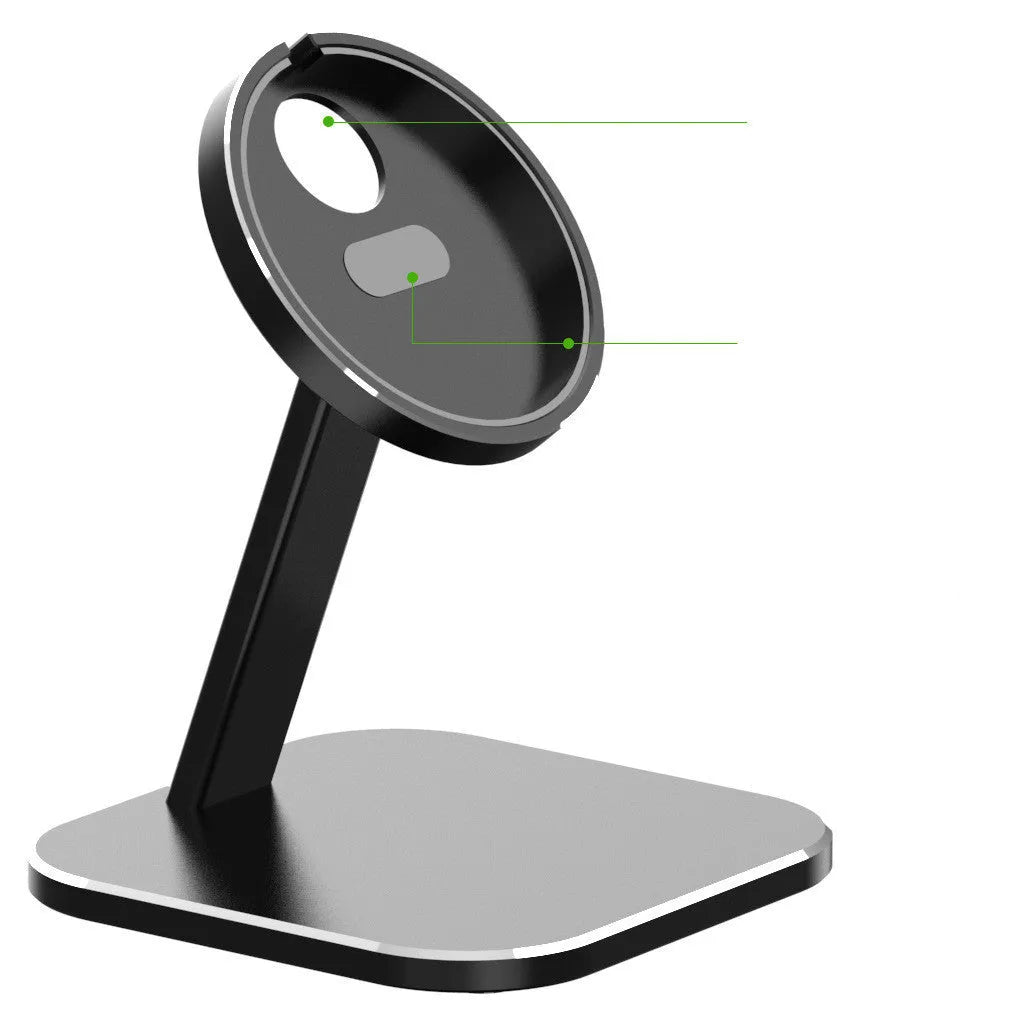 Magnetic bracket wireless charger stand for iPhone 12 with metal frame in black and silver colour options for desktop use