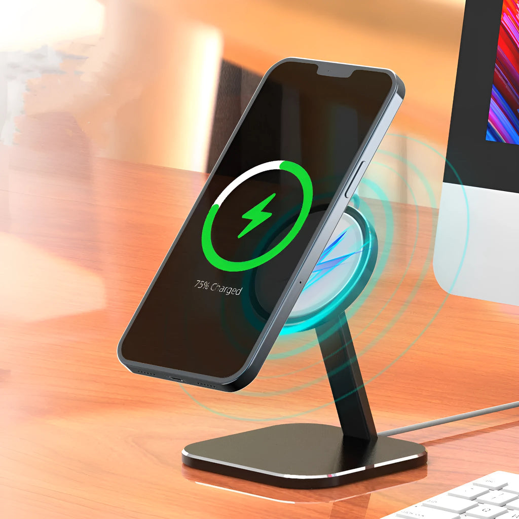 Magnetic bracket wireless charger stand for iPhone 12 with metal frame in black and silver colour options for desktop use