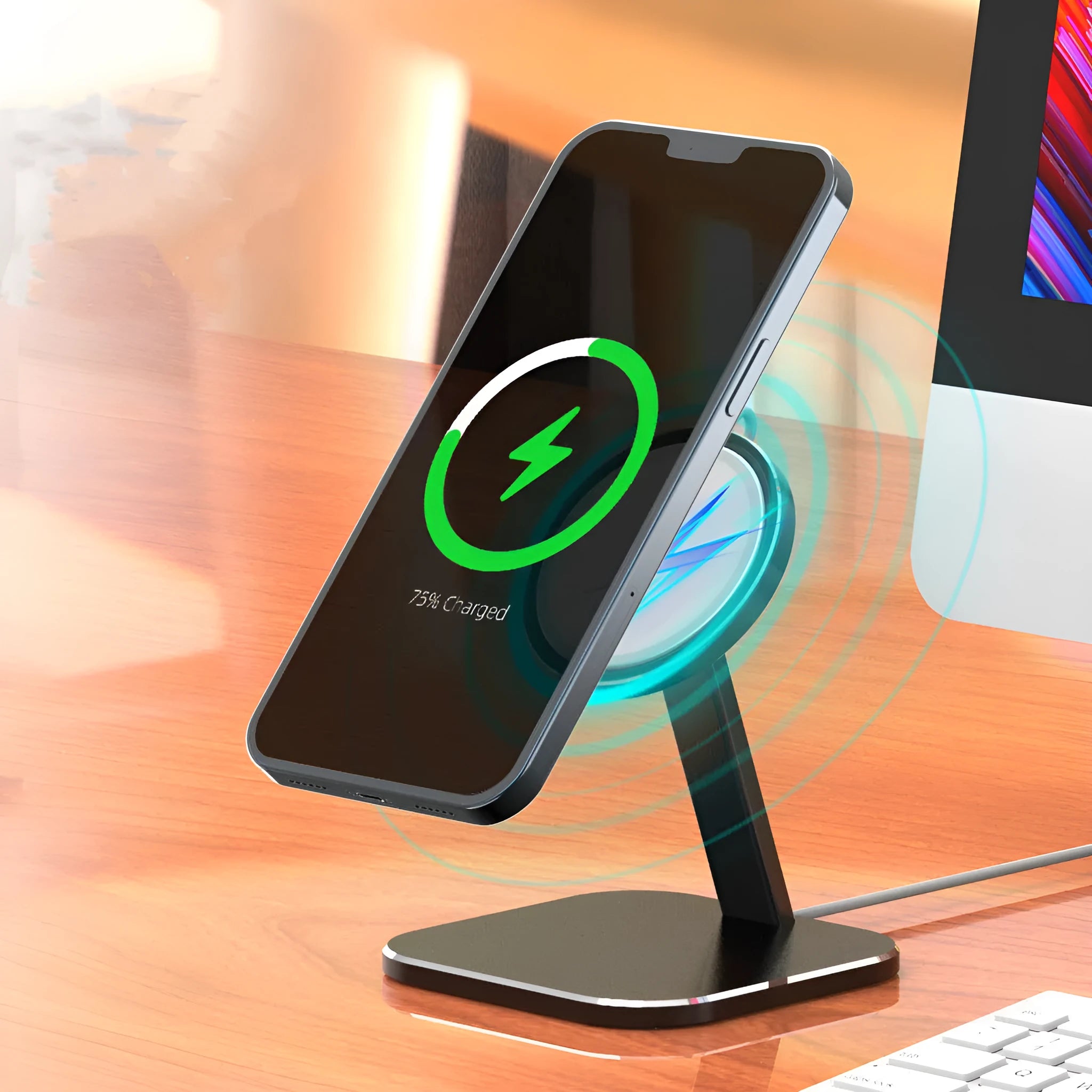 Magnetic bracket wireless charger stand for iPhone 12 with metal frame in black and silver colour options for desktop use