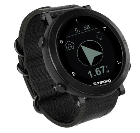 Smart sports watch with stainless steel bezel and black nylon strap on wrist, showing GPS tracking display.