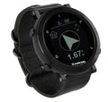 Smart sports watch with stainless steel bezel and black nylon strap on wrist, showing GPS tracking display.