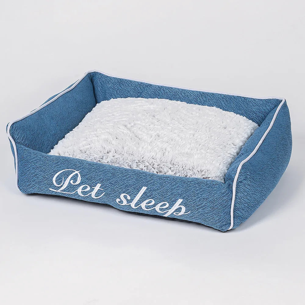 Warm cloth cat litter kennel pet bed in blue, with outer dimensions label showing size options