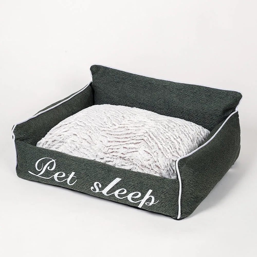 Warm cloth cat litter kennel pet bed in blue, with outer dimensions label showing size options