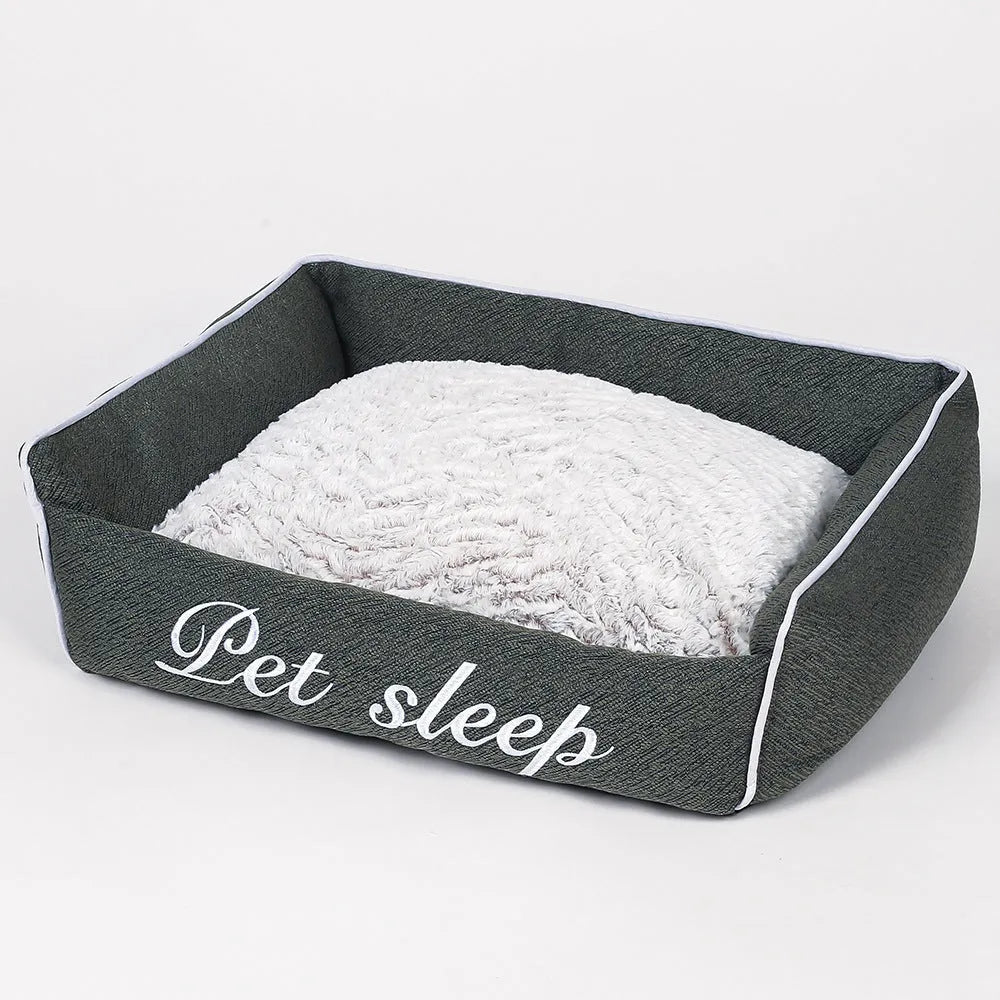 Warm cloth cat litter kennel pet bed in blue, with outer dimensions label showing size options