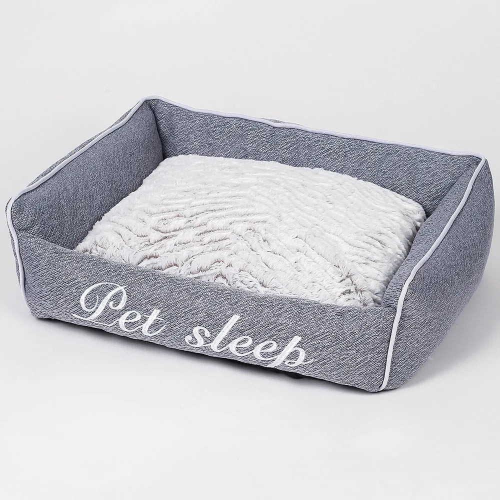 Warm cloth cat litter kennel pet bed in blue, with outer dimensions label showing size options