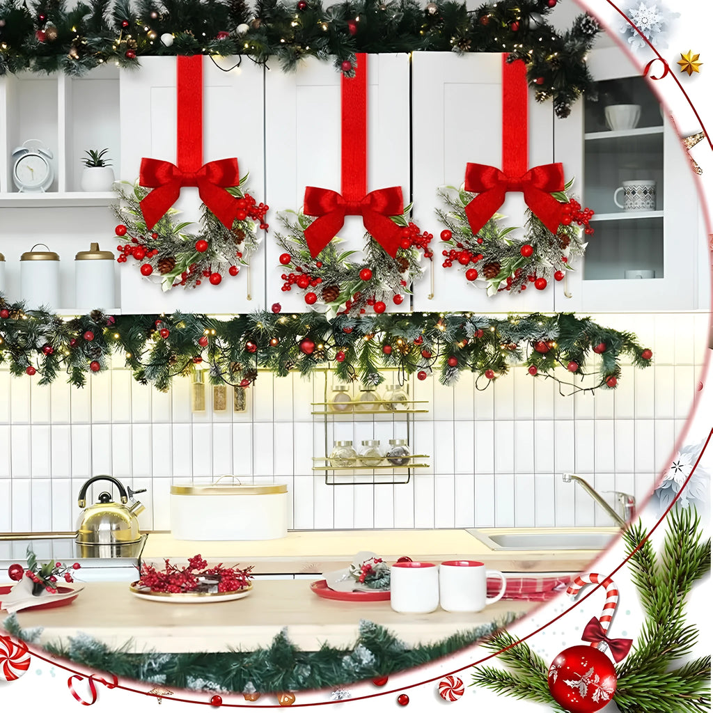 Handmade plastic Christmas garland with bowknot ribbon, available in red pine cone and green pine needle styles