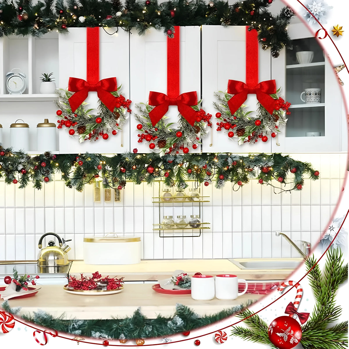 Handmade plastic Christmas garland with bowknot ribbon, available in red pine cone and green pine needle styles