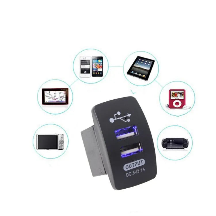 3.1A USB universal car charger in PP material for 12-24V vehicle sockets, available in blue