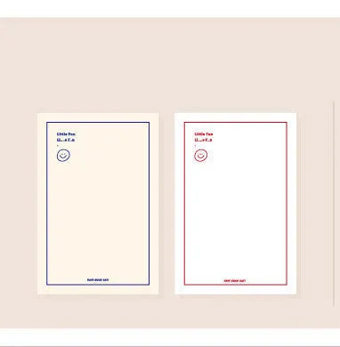 A rectangular memo pad notebook compatible with Apple iPhone, showing cover design options including blue tulip and Dogo! graphics.