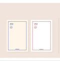 A rectangular memo pad notebook compatible with Apple iPhone, showing cover design options including blue tulip and Dogo! graphics.
