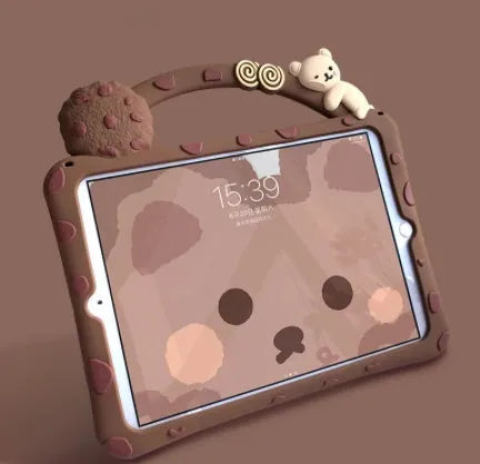 Brown cartoon silicone sleeve with stand bracket on the back, fitted on an iPad tablet.