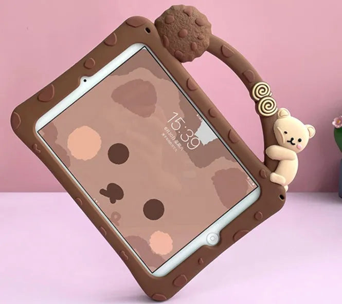 Brown cartoon silicone sleeve with stand bracket on the back, fitted on an iPad tablet.