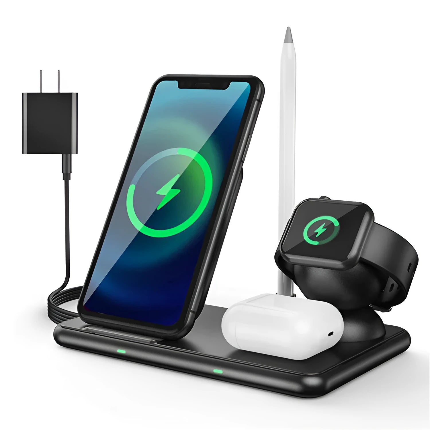Black wireless charging transmitter for Apple devices with Type-C input and indicator light