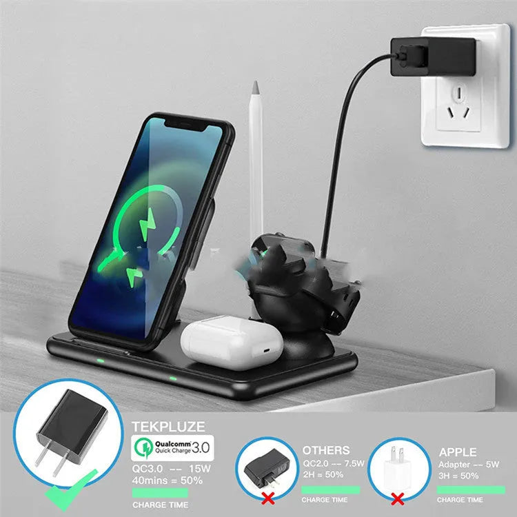 Black wireless charging transmitter for Apple devices with Type-C input and indicator light