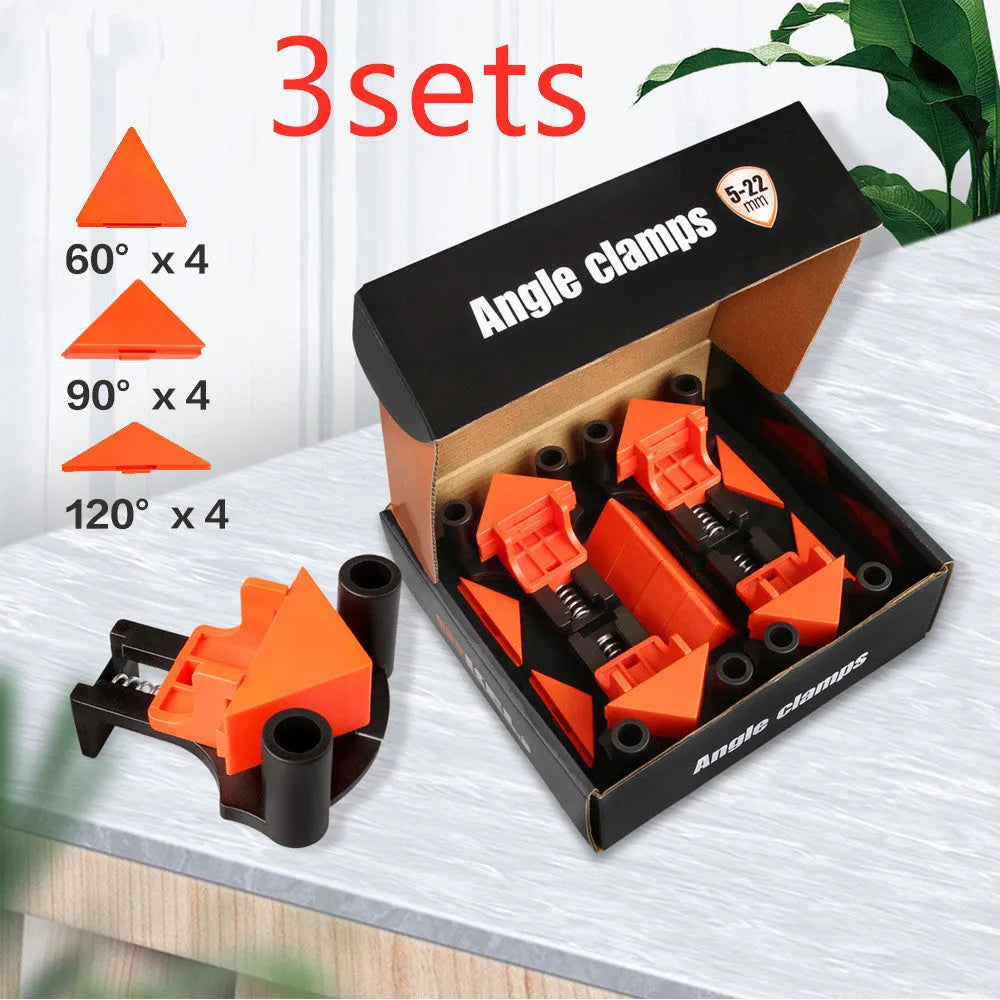 Four plastic 90-degree right angle wood clamps for frame and box assembly.