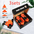 Four plastic 90-degree right angle wood clamps for frame and box assembly.