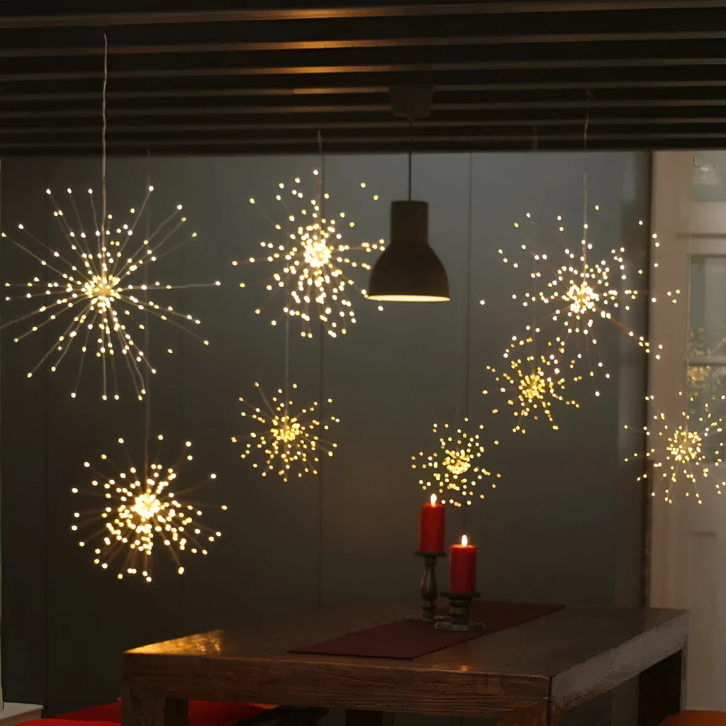 LED Meteor Shower or solar firework decoration light with multiple warm white LEDs, shown outdoors in a garden setting.