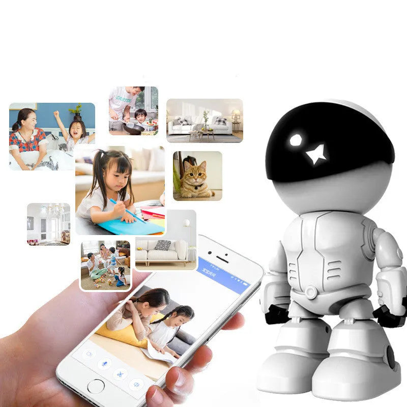 Silver plastic HD night vision robot security camera with PTZ control on a stand.