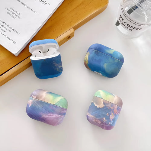 Pink and blue watercolour pattern hard plastic protective sleeve for Apple AirPods Pro and AirPods 1/2 cases.