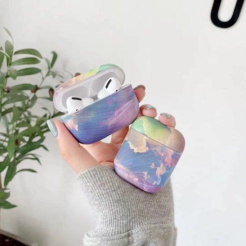 Pink and blue watercolour pattern hard plastic protective sleeve for Apple AirPods Pro and AirPods 1/2 cases.