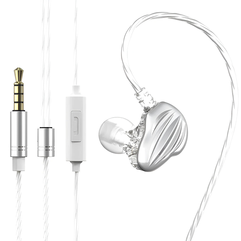 White in-ear sports headphones with a black around-ear hook and 3.5mm plug on a TPE cable.
