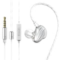White in-ear sports headphones with a black around-ear hook and 3.5mm plug on a TPE cable.