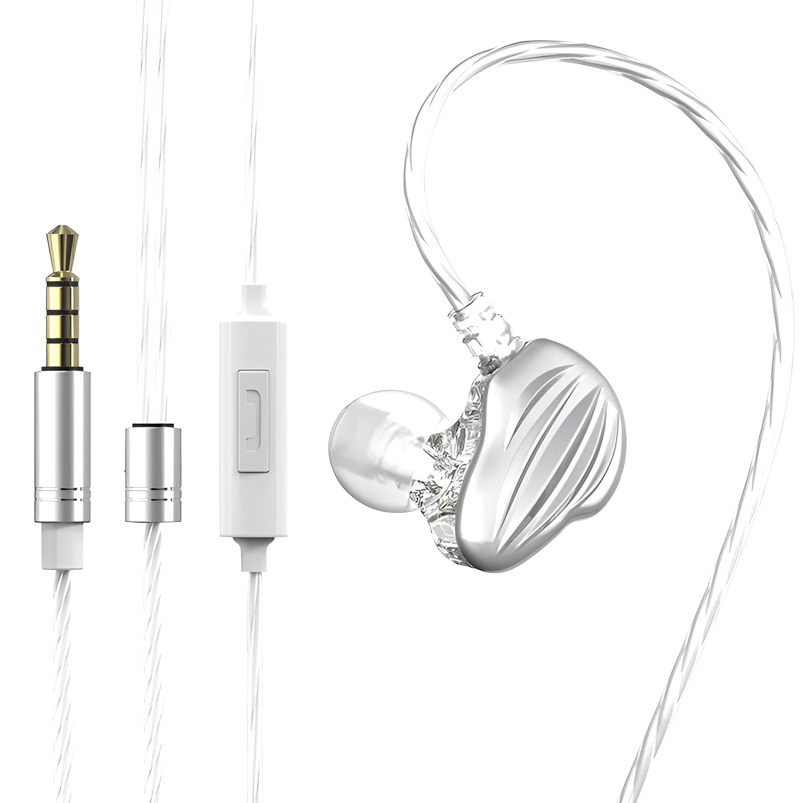 White in-ear sports headphones with a black around-ear hook and 3.5mm plug on a TPE cable.