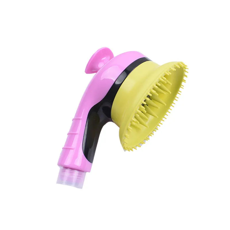 Pet shower kit with integrated massage brush for dogs and cats in orange colour on light background