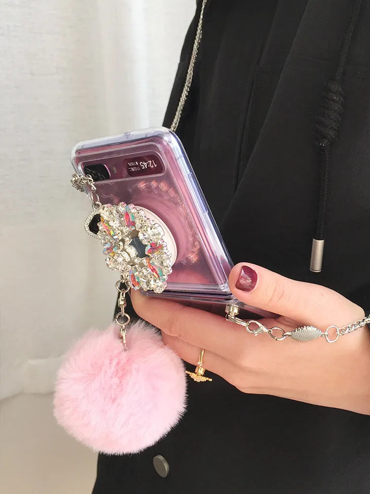 Samsung Galaxy Z Flip protective case with diagonal diamond hair powder hair ball cartoon design