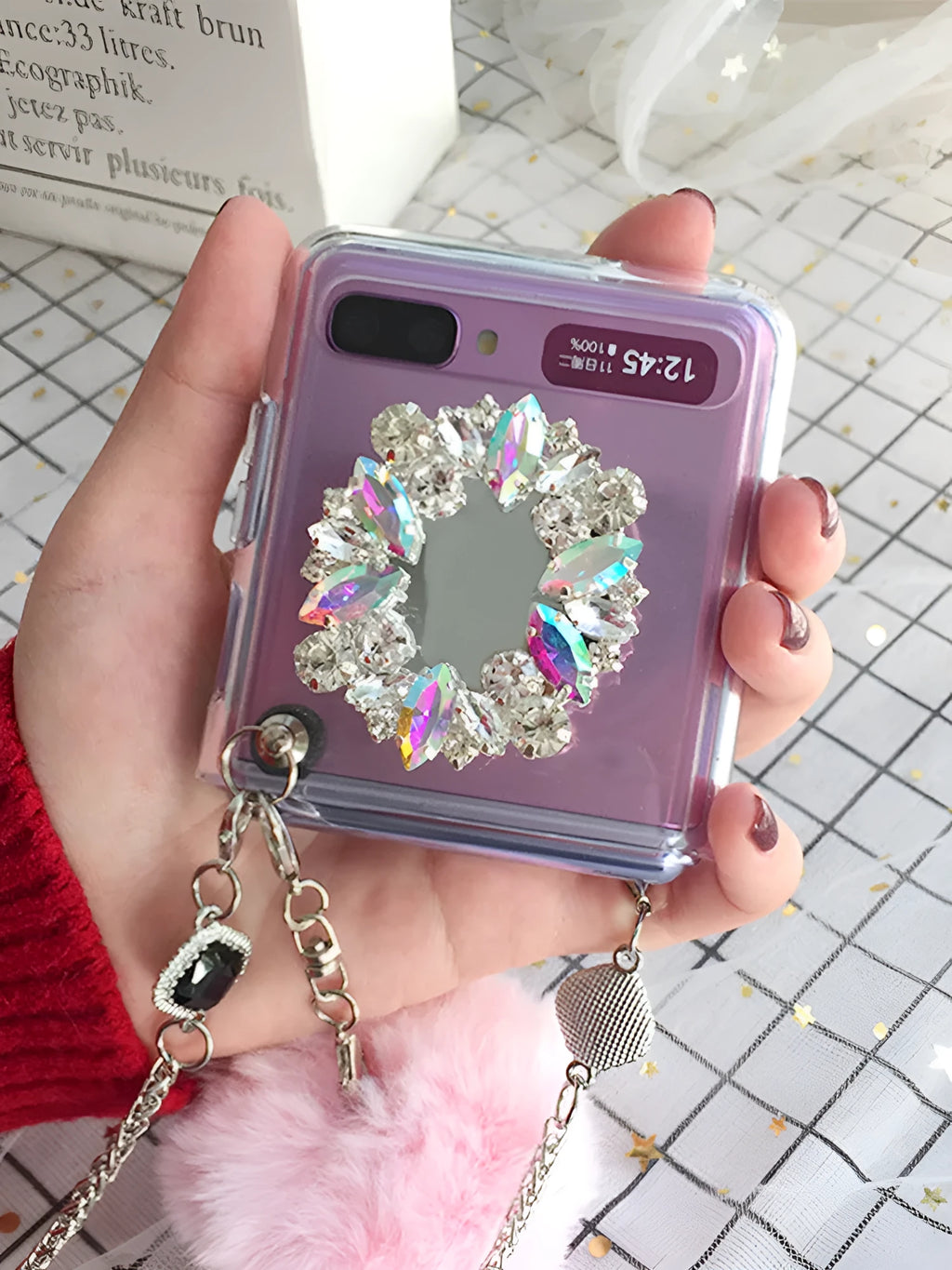 Samsung Galaxy Z Flip protective case with diagonal diamond hair powder hair ball cartoon design