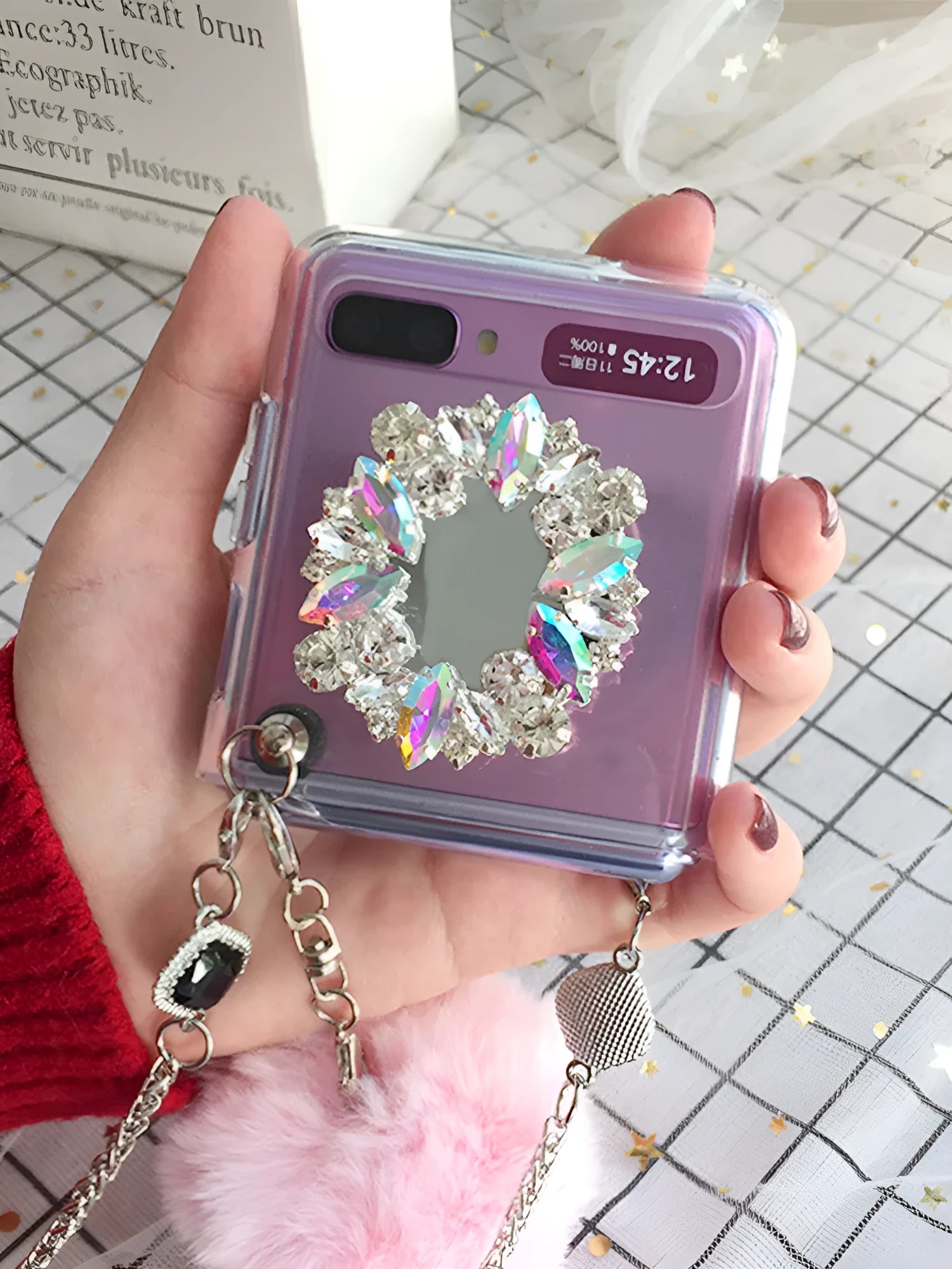 Samsung Galaxy Z Flip protective case with diagonal diamond hair powder hair ball cartoon design