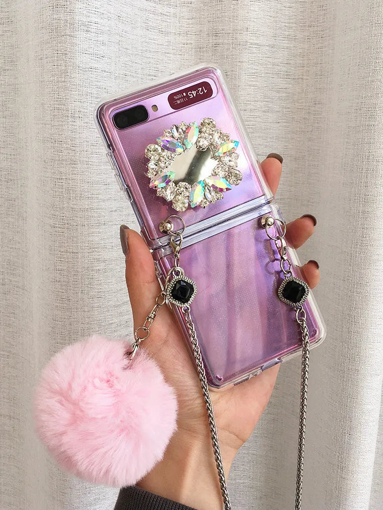Samsung Galaxy Z Flip protective case with diagonal diamond hair powder hair ball cartoon design