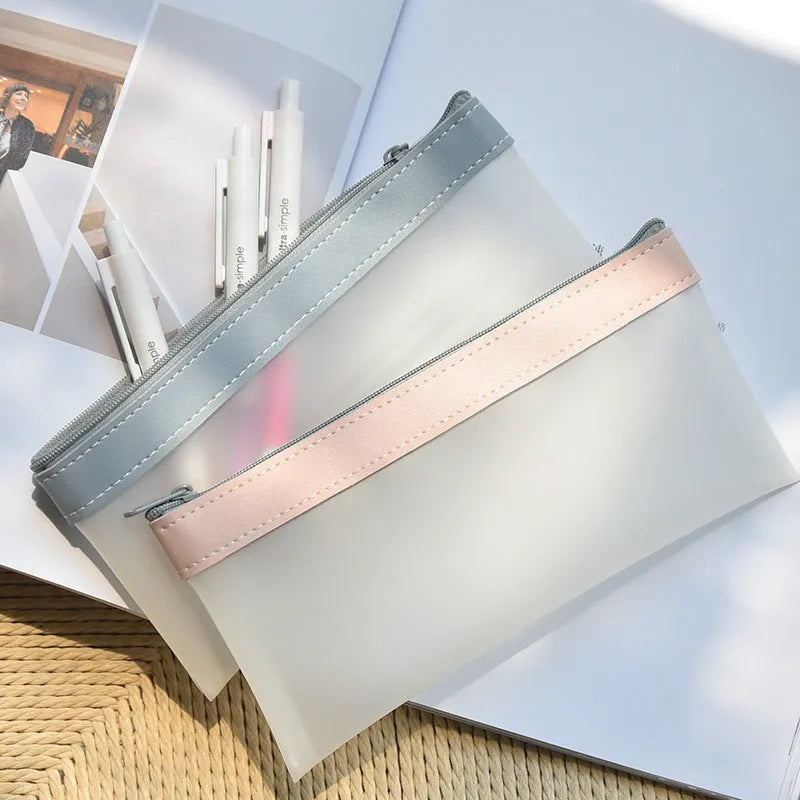 Transparent TPU pencil case for students, large capacity, lightweight, option of beige blue green pink colours
