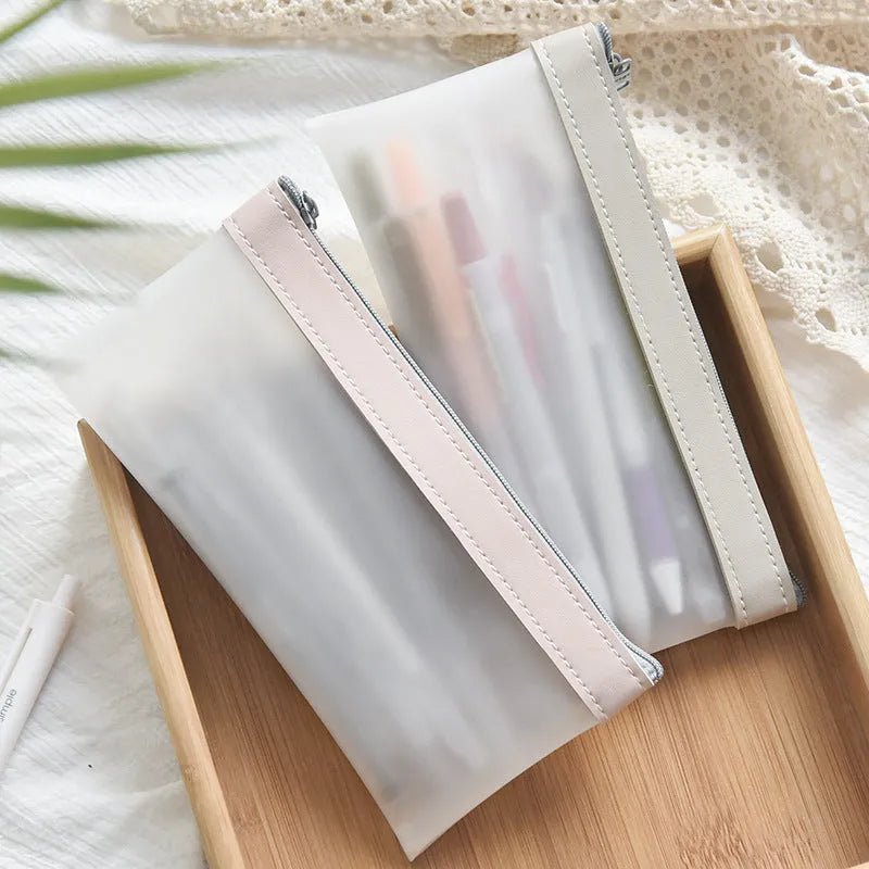 Transparent TPU pencil case for students, large capacity, lightweight, option of beige blue green pink colours