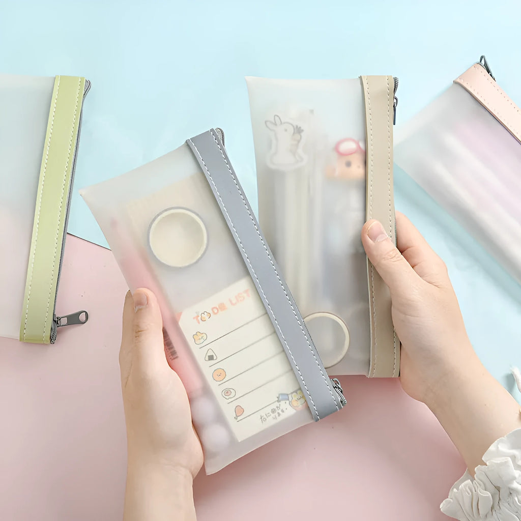 Transparent TPU pencil case for students, large capacity, lightweight, option of beige blue green pink colours