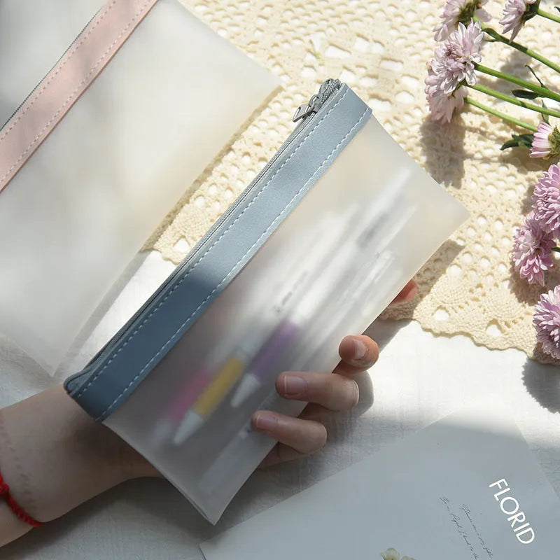 Transparent TPU pencil case for students, large capacity, lightweight, option of beige blue green pink colours