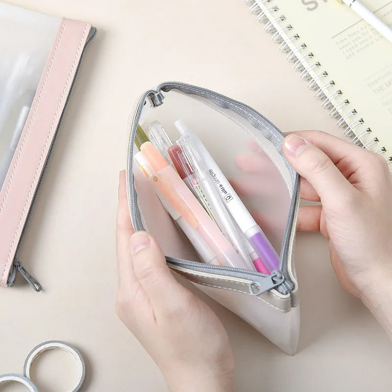 Transparent TPU pencil case for students, large capacity, lightweight, option of beige blue green pink colours