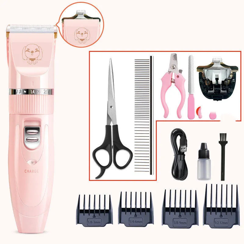 Pet wireless charging hair trimmer set in angel powder with washable cutter head, four limit combs, and ABS body, 21.5cm x 14.0cm x 6.4cm.
