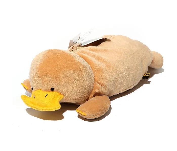 Brown plush pencil case with cartoon wombat design and a silver zipper, open to show interior.