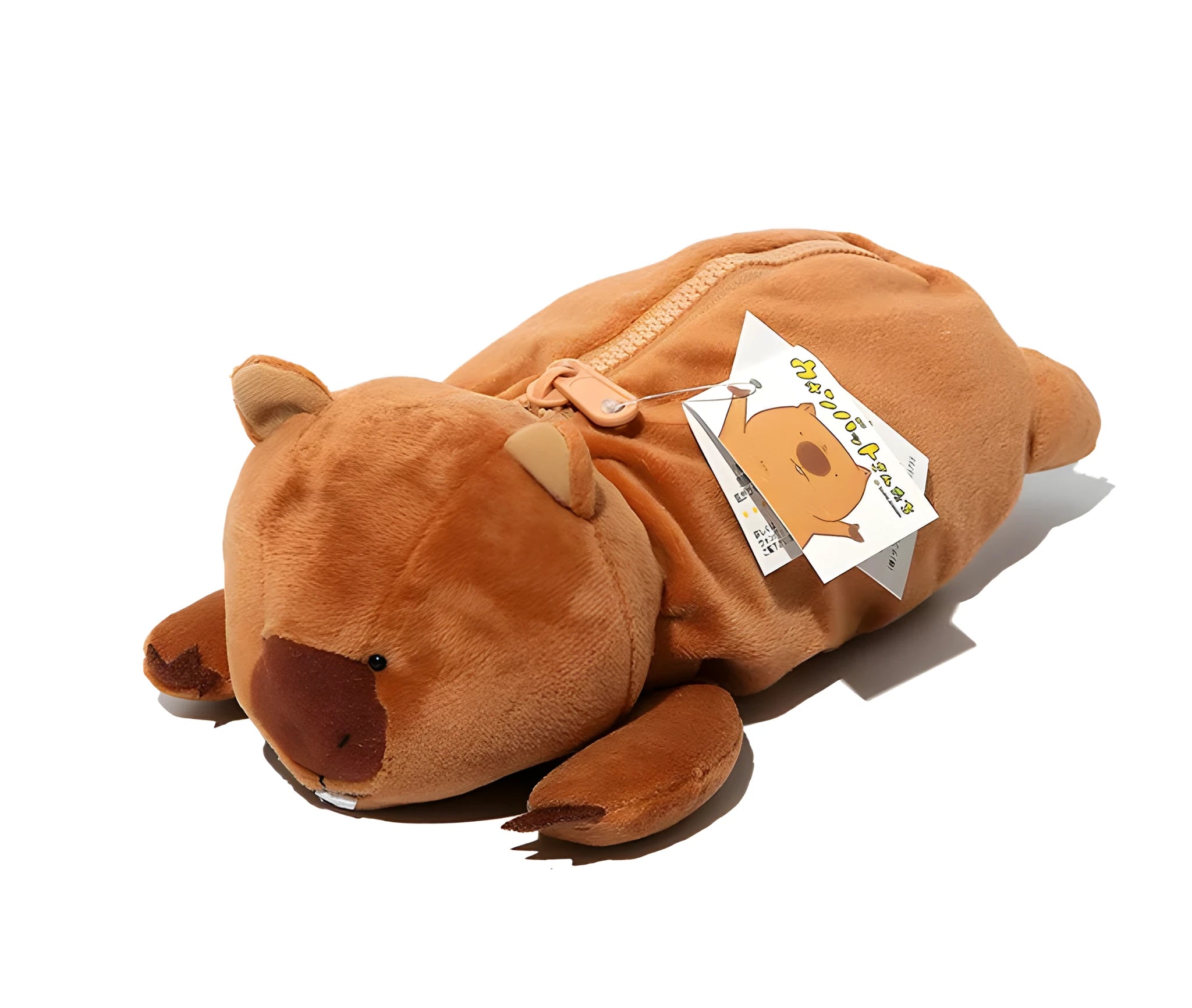 Brown plush pencil case with cartoon wombat design and a silver zipper, open to show interior.