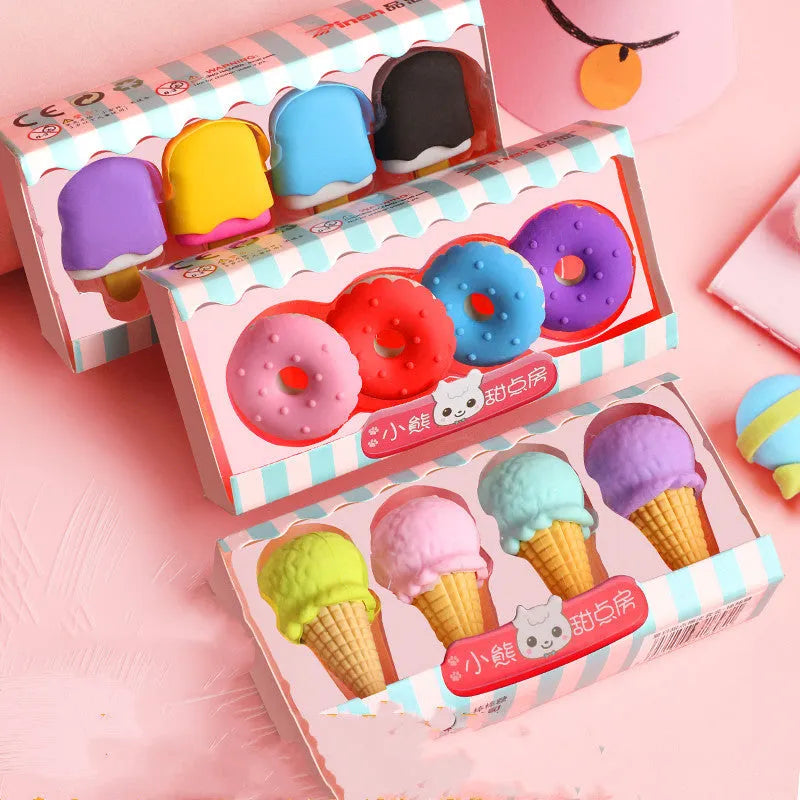 Set of 12 colourful cartoon erasers shaped like ice creams, doughnuts, and lollipops for children.