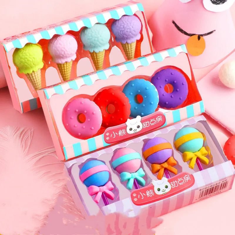 Set of 12 colourful cartoon erasers shaped like ice creams, doughnuts, and lollipops for children.