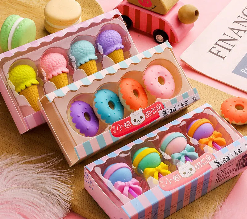 Set of 12 colourful cartoon erasers shaped like ice creams, doughnuts, and lollipops for children.