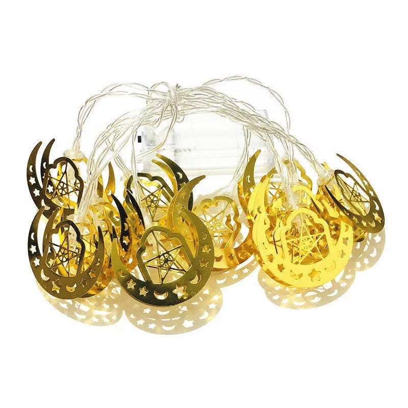 Gold moon and star LED string lights for indoor Ramadan and Eid decoration, battery box, 3000K