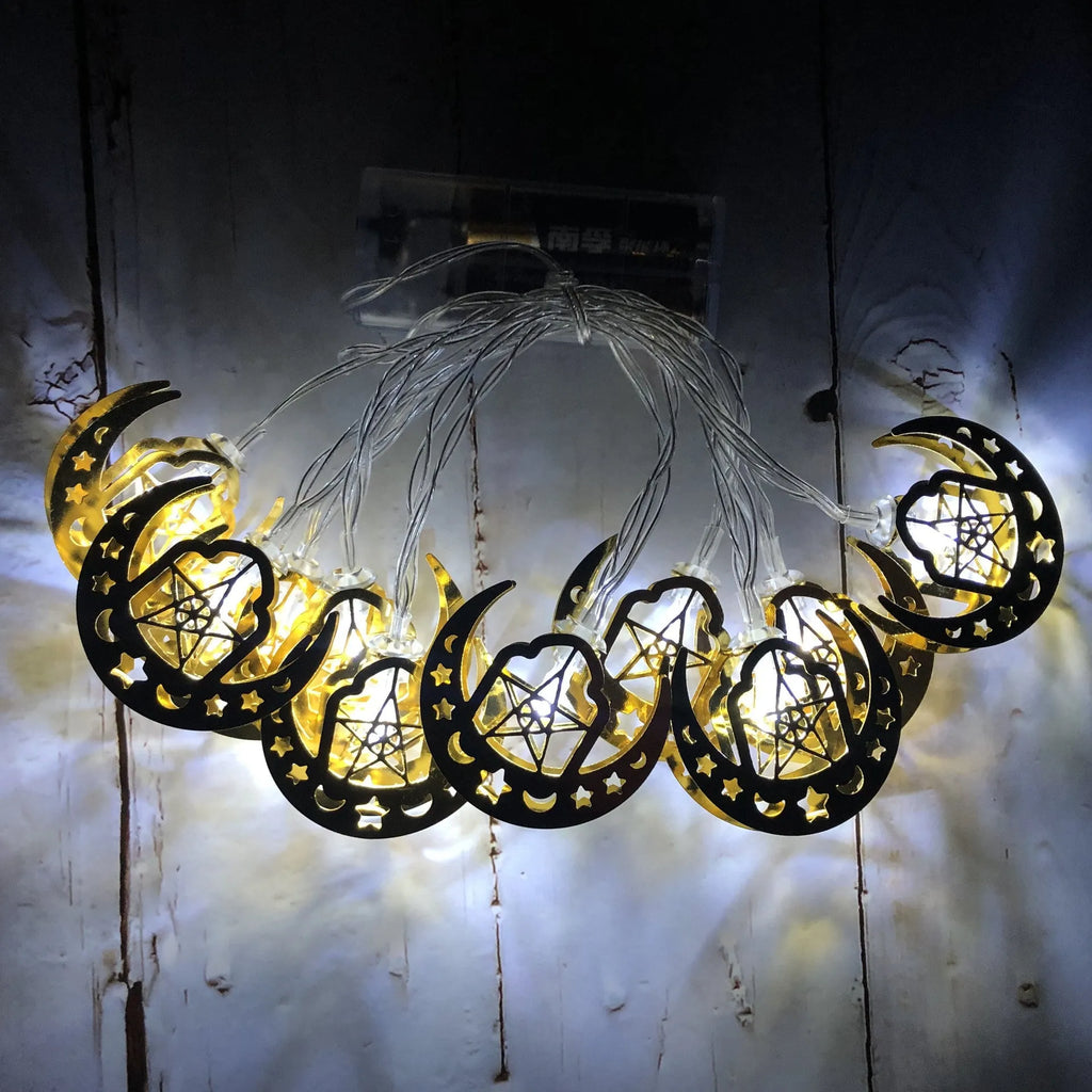 Gold moon and star LED string lights for indoor Ramadan and Eid decoration, battery box, 3000K