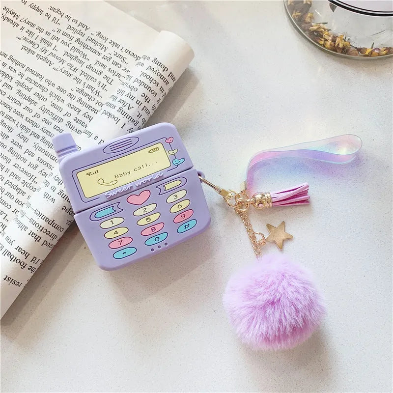 Purple silicone clamshell case with fur ball pendant for Apple AirPods wireless earphones