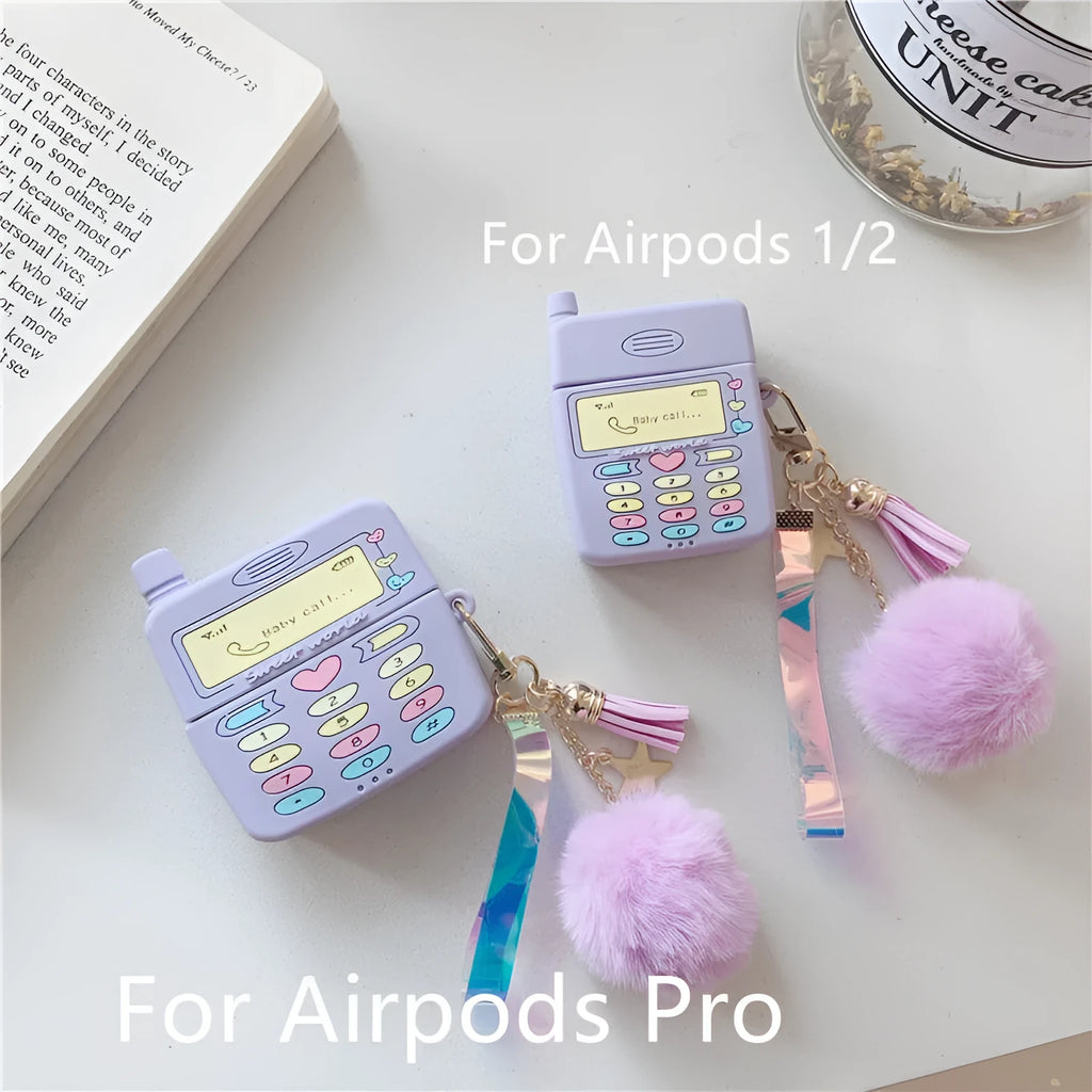 Purple silicone clamshell case with fur ball pendant for Apple AirPods wireless earphones