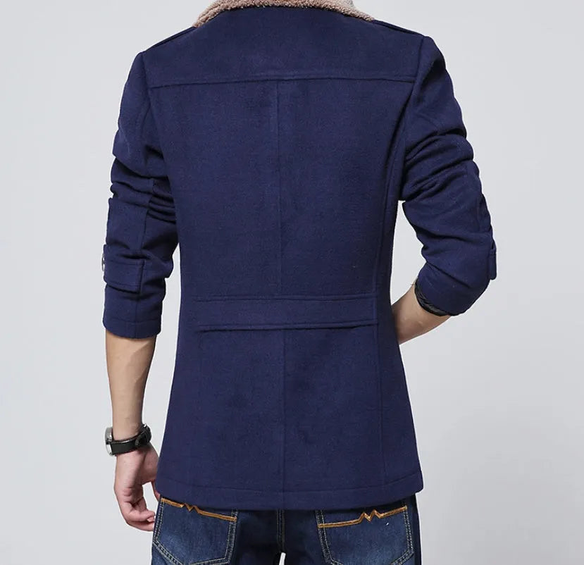 Slim-fit plus velvet men's coat in black with stand collar and single-breasted front