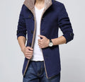 Slim-fit plus velvet men's coat in black with stand collar and single-breasted front