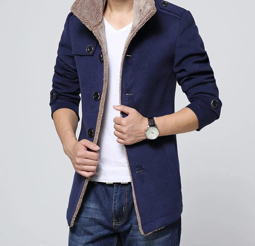 Slim-fit plus velvet men's coat in black with stand collar and single-breasted front